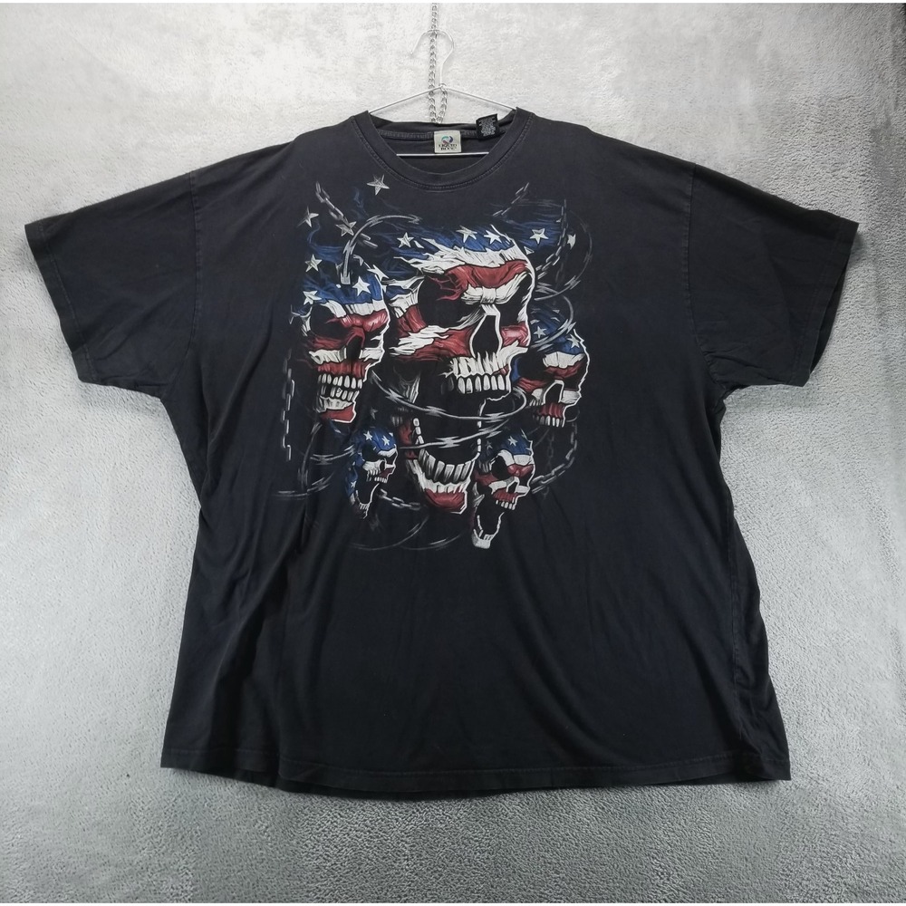 VTG Liquid Blue Shirt‎ Mens 5XL Black Skulls American Flag Patriot Combat